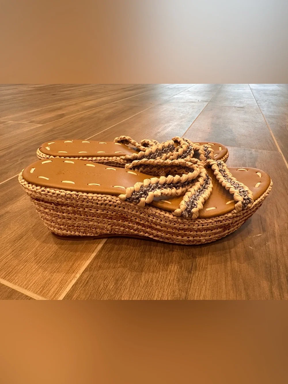 Carrie Forbes Raffia Woven Platform Wedge Sandals Cream Silver EU 37